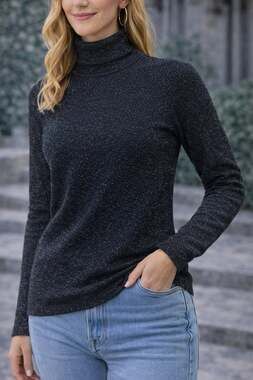 Women's Black Glitter Lurex Ribbed Roll Neck Turtleneck Top